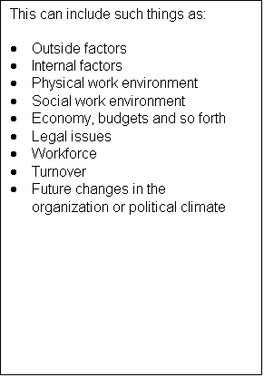 Text Box: This can include such things as:

	Outside factors
	Internal factors
	Physical work environment
	Social work environment
	Economy, budgets and so forth
	Legal issues
	Workforce
	Turnover
	Future changes in the organization or political climate
