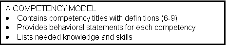 Text Box: A COMPETENCY MODEL
	Contains competency titles with definitions (6-9)
	Provides behavioral statements for each competency
	Lists needed knowledge and skills
